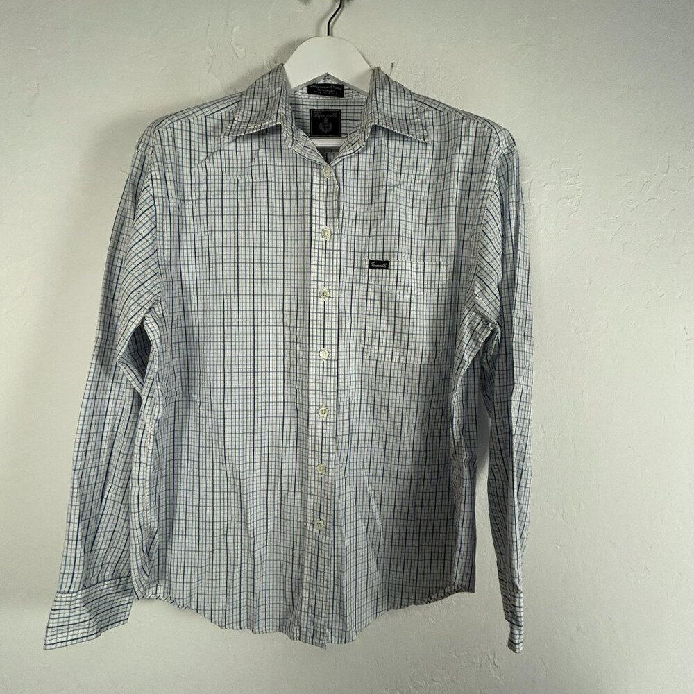 Faconnable Men's Plaid Collared Long Sleeve Button Up Shirt White/Blue Large
